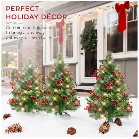 Set of 2 22” Outdoor Pathway Christmas Trees, Battery Operated Pre-Lit Holida - Picture 6 of 12